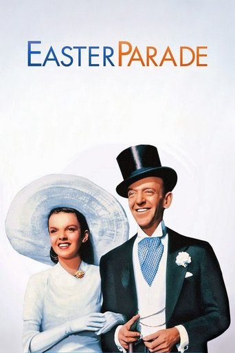 The poster features a cheerful couple dressed in festive attire, with the man in a top hat and the woman in a large hat, both smiling warmly. The colors are vibrant, with blue, orange, and white dominating the design. The mood is joyful and celebratory, capturing the spirit of the Easter parade.