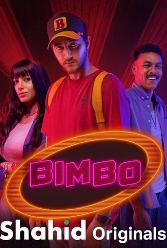The poster features three characters in vibrant colors against a warm, dramatic backdrop. A man in a red shirt and cap stands prominently, exuding confidence, while a woman in pink and another man in blue add depth to the scene. The glowing neon "BIMBO" text dominates the foreground, suggesting a...