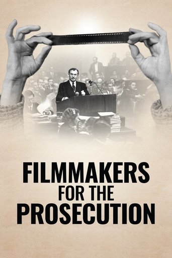 The poster features two hands holding a film strip, with a man in a suit seated behind it, evoking the era of early cinema. The sepia-toned image conveys a nostalgic, historical mood. Bold text at the bottom reads "FILMMAKERS FOR THE PROSECUTION," emphasizing the film's theme of legal innovation.