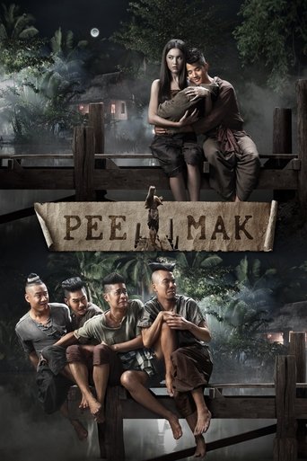 The poster features a mysterious, dark forest scene with a woman and man embracing on a wooden bridge. Below, four men sit casually on the same bridge, looking out at the eerie surroundings. The muted greens and browns of the forest contrast with the warm tones of the characters' clothing. The mo...