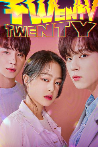 The poster features three young people in vibrant pink and purple tones, creating a dreamy atmosphere. The title "TWENTY TWENTY" is prominently displayed in bold, colorful letters. The image conveys a sense of youthful energy and optimism.