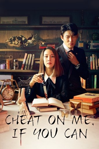 The poster features a woman and man in a dimly lit study, creating an intimate and mysterious atmosphere. The warm lighting highlights their expressions, while the bookshelves and scattered books add to the scholarly ambiance. The bold text "CHEAT ON ME, IF YOU CAN" dominates the foreground, sugg...