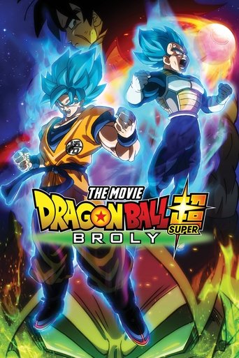 The poster features two Super Saiyan characters, one in a yellow and orange outfit and the other in blue, standing amidst fiery explosions. The vibrant colors and dynamic action create an intense, energetic mood that captures the epic scale of the movie.