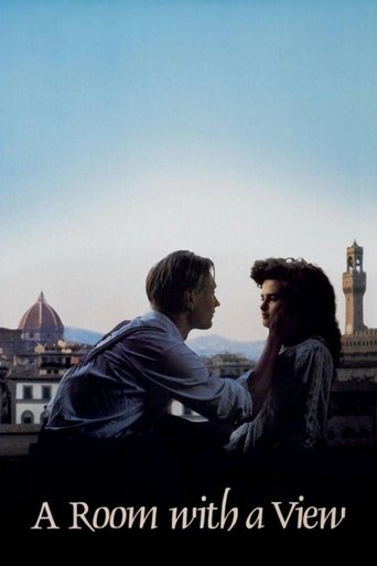 The poster features two people sitting on a rooftop, gazing out at a stunning view of Florence. The warm sunset hues blend with the cool blue sky, creating a serene and contemplative mood. The title, "A Room with a View," is elegantly displayed at the bottom, emphasizing the intimate yet expansiv...