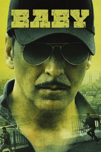 The poster features a gritty, intense scene with a man in a cap and sunglasses dominating the frame, exuding a tough, action-ready vibe. The muted yellow and green tones create a somber, dramatic atmosphere, while the bold title "BABY" in distressed yellow letters adds a sense of urgency and danger.