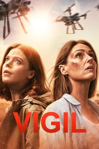 The poster features two women gazing upward with intense expressions against a backdrop of helicopters and a bright sun. The bold red text "VIGIL" dominates the lower portion, creating a dramatic and urgent atmosphere.