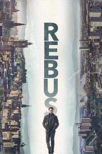 The poster features a man in a suit walking down a cityscape, with the word "REBUS" prominently displayed in bold letters. The muted tones and urban setting evoke a sense of mystery and intrigue, capturing the essence of the show's blend of humor and suspense.