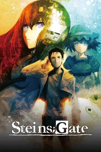 The poster features three characters in a dramatic, atmospheric scene with warm and cool tones. The central figure stands confidently while others loom behind, creating a sense of mystery and tension. The title "Steins;Gate" is prominently displayed at the bottom, anchoring the visual narrative.