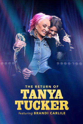 The vibrant poster features Tanya Tucker with striking pink hair and Brandi Carlile embracing her, both radiating joy and energy. The dynamic lighting and bold typography emphasize the film's upbeat and celebratory tone.