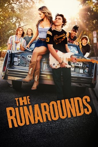 The Runarounds poster features a group of five characters in a vibrant, sunlit scene. The central figures, a woman in a blue dress and cowboy boots, and a man in a black t-shirt, dominate the foreground with dynamic poses. Surrounding them are other characters in casual attire, suggesting a livel...