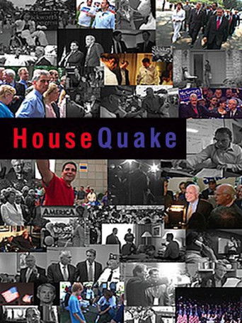 The poster features a collage of black-and-white and color photographs depicting various scenes from the movie, including people in different settings and moments of action. The title "Housequake" is prominently displayed in bold red letters against a black background. The overall mood is mysteri...