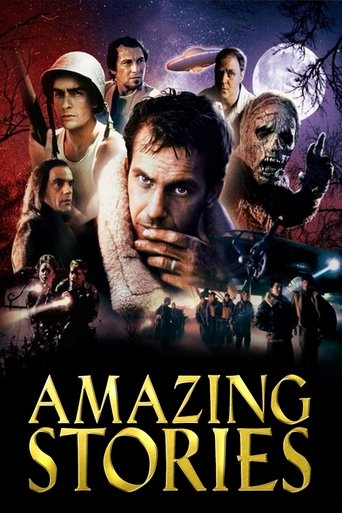 The poster features a dramatic scene with a central figure in a white coat, surrounded by other characters in various poses against a dark, eerie background. The colors are moody, with deep blues and purples dominating the scene. The title "Amazing Stories" is prominently displayed at the bottom ...