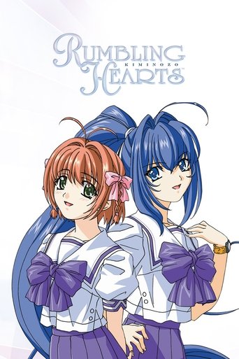 The poster features two anime-style girls in matching school uniforms with purple bows, exuding a playful and youthful mood. Their vibrant blue and orange hair contrasts beautifully against the soft white background, creating a cheerful and inviting atmosphere. The title "Rumbling Hearts" is eleg...
