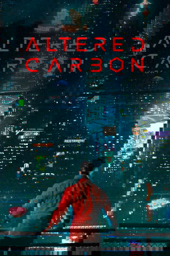 A lone figure stands in a cyberpunk city at night, wearing a red jacket against a backdrop of neon lights and towering skyscrapers. The poster conveys a sense of mystery and intrigue, with the title "ALTERED CARBON" glowing in red text.