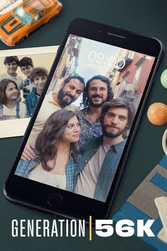 A vibrant poster featuring a group of diverse people smiling together on a smartphone screen, set against a dark teal background with colorful coffee cups and a vintage orange tape. The mood is warm and nostalgic, capturing a moment of connection across generations.
