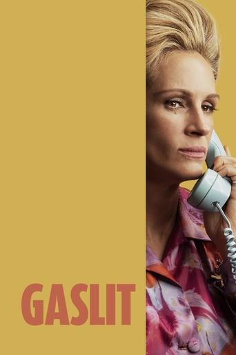 The poster features a woman with blonde hair holding a phone to her ear, set against a mustard-yellow background. The title "GASLIT" appears in bold red letters at the bottom. The mood is mysterious and intriguing, suggesting a suspenseful drama.