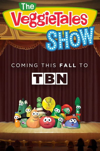 The poster features a vibrant stage scene with colorful characters like Bob, Mr. Potato Head, and Mr. Potato Head in a cheerful, inviting atmosphere. The warm lighting and playful design evoke a sense of fun and nostalgia, perfectly capturing the whimsical spirit of "The VeggieTales Show."
