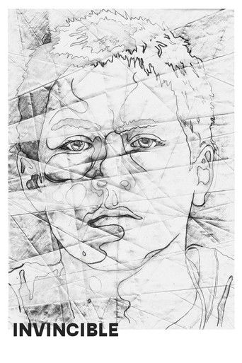 This movie poster features a striking, fragmented portrait of a man with intense eyes and a determined expression, rendered in bold black and white. The word "INVINCIBLE" is prominently displayed at the bottom, suggesting themes of strength and resilience. The overall composition conveys a powerf...