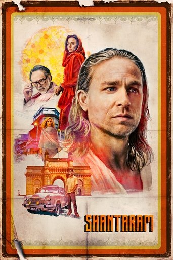 This poster for "Shantaram" features a central portrait of a man with long hair, surrounded by vibrant characters in traditional Indian attire. The warm orange and yellow tones evoke a nostalgic, cultural atmosphere, while the detailed illustrations of historical figures and landscapes suggest a ...