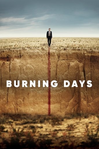 The poster features a lone figure standing at the center of a vast, barren landscape, with a red line extending from their feet to the ground. The muted earthy tones and overcast sky evoke a somber mood, while the bold white text "BURNING DAYS" anchors the image with a sense of urgency and drama.