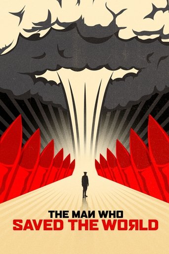 The poster features a lone figure standing on a golden path, surrounded by towering red mountains. Above, a massive black storm cloud descends, symbolizing destruction. The stark contrast between the red and black creates a dramatic, ominous mood. The title "The Man Who Saved the World" is promin...