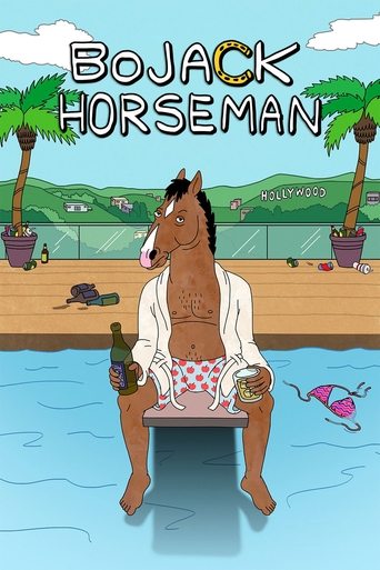 This TV show poster features BoJack Horseman sitting alone in a serene poolside scene, surrounded by lush greenery and palm trees. The warm, golden hues of the sunset create a contemplative mood, while the character's expressive eyes and thoughtful posture evoke introspection.