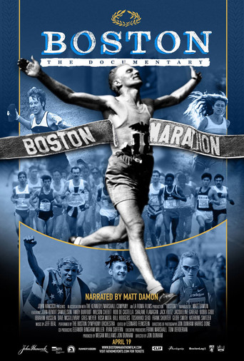 The poster features a central figure in a white tank top and shorts, arms raised triumphantly, symbolizing the Boston Marathon. Surrounding this central image are smaller figures in various poses, suggesting a community spirit. The background is a deep blue with a golden border, conveying a sense...