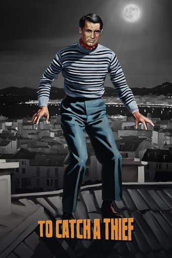 The poster features a man in a striped sweater and jeans standing confidently on a rooftop against a moonlit cityscape. The mood is mysterious and suspenseful, with the title "To Catch a Thief" prominently displayed at the bottom.