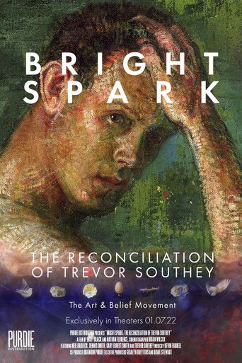 The poster features a somber, painterly portrait of Trevor Southey, his hand resting on his head, conveying deep emotional turmoil. The muted greens and browns evoke a melancholic atmosphere, while the bold white text "BRIGHT SPARK" stands out against the darker tones. This visual language sugges...