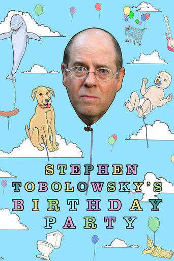 The poster features a humorous, cartoon-style portrait of Stephen Tobolowsky against a cheerful blue sky. Surrounding him are whimsical elements like a floating dog, balloons, and a shopping cart, all rendered in bright, playful colors. The playful, lighthearted tone of the image suggests a fun a...
