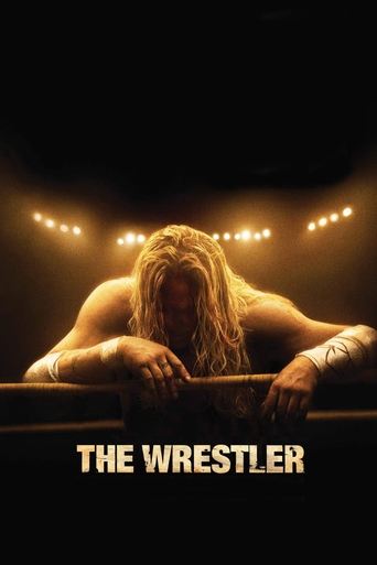 The poster features a muscular wrestler with long blonde hair, leaning forward with intense focus. Warm, golden lighting casts dramatic shadows, creating a gritty and intense atmosphere. The title "The Wrestler" is prominently displayed at the bottom in bold, metallic letters.