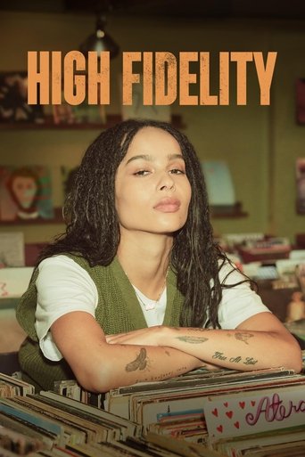 The poster features a woman with dark curly hair resting her chin on her arms, exuding a contemplative mood. Warm, earthy tones dominate the image, with soft lighting enhancing the cozy atmosphere. The title "High Fidelity" is prominently displayed in bold orange letters at the top.