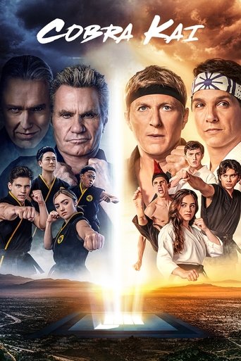 This vibrant poster showcases a dynamic cast of characters from "Cobra Kai," with intense expressions and energetic poses against a dramatic sunset backdrop. The fiery colors and dramatic lighting evoke a sense of action and intensity, capturing the essence of the show's thrilling sports competit...