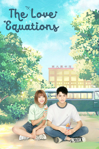 The Love Equations poster features a couple sitting on a sunny day, surrounded by lush green trees and a clear blue sky. The warm tones of their clothing and the vibrant colors of the foliage create a cheerful and inviting atmosphere, suggesting a romantic and playful theme.