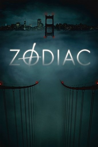 The poster features a dark, moody scene with the word "ZODIAC" prominently displayed in glowing white letters. In the background, a silhouette of a city skyline is visible against a night sky, while two red, vertical bars frame the bottom of the image. The overall atmosphere is eerie and mysterio...
