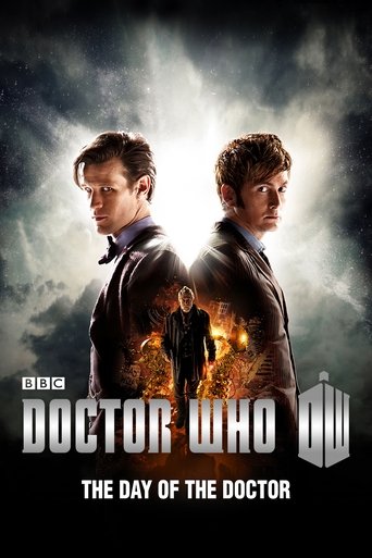 The poster features two men in dark jackets, one with a determined expression and the other with a more serious look. Behind them, a fiery explosion creates a dramatic backdrop, symbolizing danger and urgency. The title "Doctor Who: The Day of the Doctor" is prominently displayed, emphasizing the...