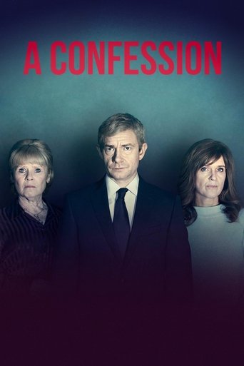 The poster features three characters against a dark, moody background. The title "A CONFESSION" is prominently displayed in red at the top. The central figure wears a suit and tie, while the others appear in casual attire. The overall mood is serious and dramatic, suggesting a dramatic or suspens...