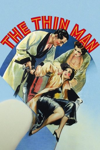 This vintage movie poster for "The Thin Man" features a dramatic scene with three characters in a dynamic pose against a bright blue background. The poster uses bold red lettering for the title, emphasizing the film's action-packed nature. The composition suggests a thrilling adventure, capturing...