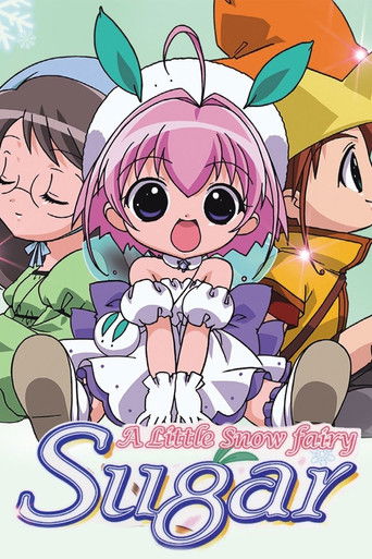 This anime poster features a cute, pink-haired girl in a white dress with green leaves, surrounded by three other characters in colorful outfits. The vibrant colors and playful composition evoke a whimsical, magical atmosphere, suggesting a charming fantasy story.