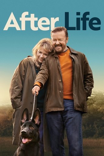 The poster features a warm, sunlit scene with a man and woman standing beside a German Shepherd. The woman wears a brown jacket and smiles warmly, while the man sports an orange sweater and blue jeans. The soft lighting and friendly expressions create a cozy, nostalgic mood, suggesting a heartfel...
