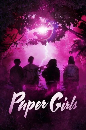 The poster features silhouettes of four young women standing in a forest, with a glowing purple moon and lightning illuminating the scene. The mood is mysterious and dreamlike, evoking themes of youth and mystery. The title "Paper Girls" is elegantly written in white script at the bottom.