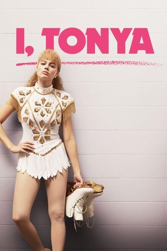 The poster features a striking portrait of Tonya Harding against a minimalist white background. Bold pink text reads "I, TONYA" with a red underline, emphasizing the boldness of the title. The image captures a glamorous, confident pose with a stylish outfit and a clutch, evoking a sense of boldne...
