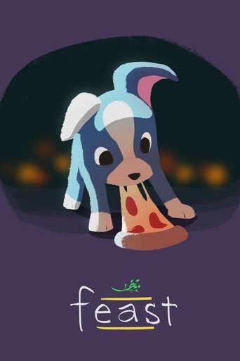 This whimsical movie poster features a cute blue dog with a pizza slice on its paw, set against a dark, starry night background. The playful and cozy mood is enhanced by the warm orange glow of the pizza and the soft purple tones of the poster. The title "Feast" is prominently displayed at the bo...