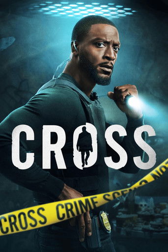 The poster features a man in a dark hoodie with a determined expression, holding a flashlight. The title "CROSS" is prominently displayed in bold white letters, with yellow crime tape curving around the bottom. The background is dimly lit with blue and green hues, creating a moody atmosphere that...