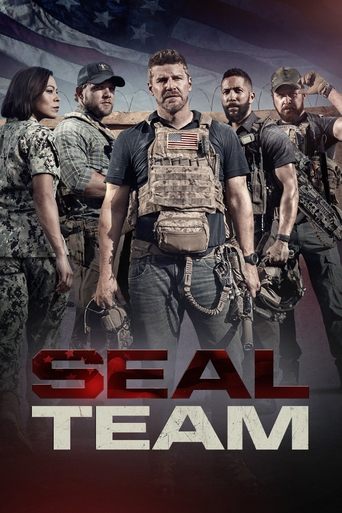 The poster features six soldiers in tactical gear against a backdrop of an American flag, with the title "SEAL TEAM" prominently displayed in bold red and white letters. The mood is serious and intense, capturing the essence of military readiness and teamwork.