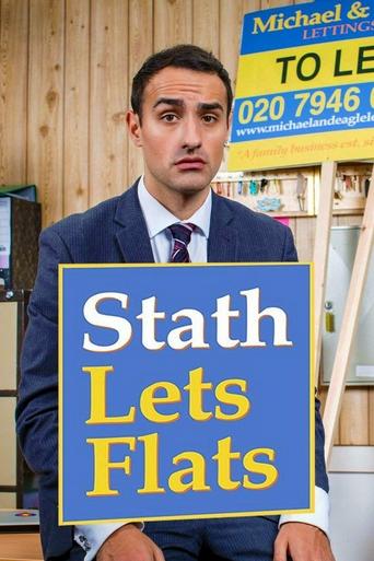 The poster features a man in a suit holding a sign that reads "Stath Lets Flats" in bold yellow letters on a blue background. The man has a serious expression, and the overall mood is professional and inviting. The background includes a wooden wall and a partially visible sign advertising Michael...