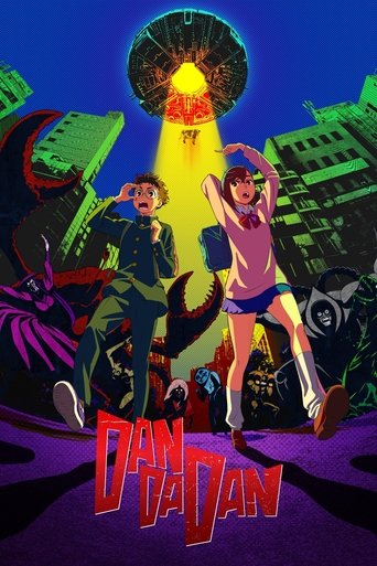 This vibrant TV poster for "Dan Da Dan" features a dynamic scene with two characters in mid-action against a neon-lit, futuristic cityscape. The bold red and purple color scheme, combined with the glowing UFO and dramatic lighting, creates an energetic and adventurous mood, capturing the essence ...