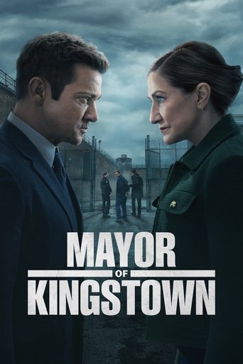 The poster features two characters facing each other against a moody, overcast sky. The dark tones and shadowy background create a serious, dramatic mood. The title "Mayor of Kingstown" is prominently displayed in bold white letters, emphasizing the show's title.