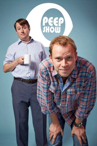 Two men pose against a light blue background with the "Peep Show" logo in the center. The man on the left wears a light blue shirt and dark pants, while the man on the right sports a plaid shirt and jeans. The mood is casual and humorous, capturing the essence of the show's comedic tone.
