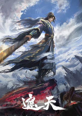 The poster features a powerful figure in flowing robes standing atop a rocky cliff, with dramatic clouds swirling around. The dark blue and black robes contrast sharply with the bright sky, conveying a sense of grandeur and mystery. The title "Shrouding the Heavens" is prominently displayed in bo...